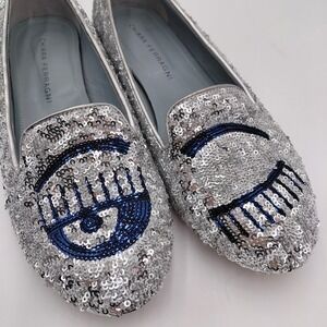Chiara Ferragni Flirting Sequins Ballerina Flat Shoes Silver 39 Italy US‎ 8.5